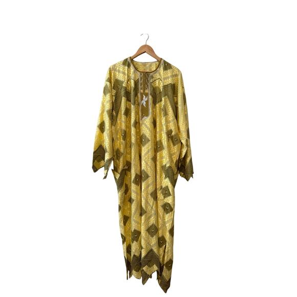 Vintage 60s Dramatic Jacquard Embroidered Kaftan Dress Yellow Avocado Green - Picture 6 of 7